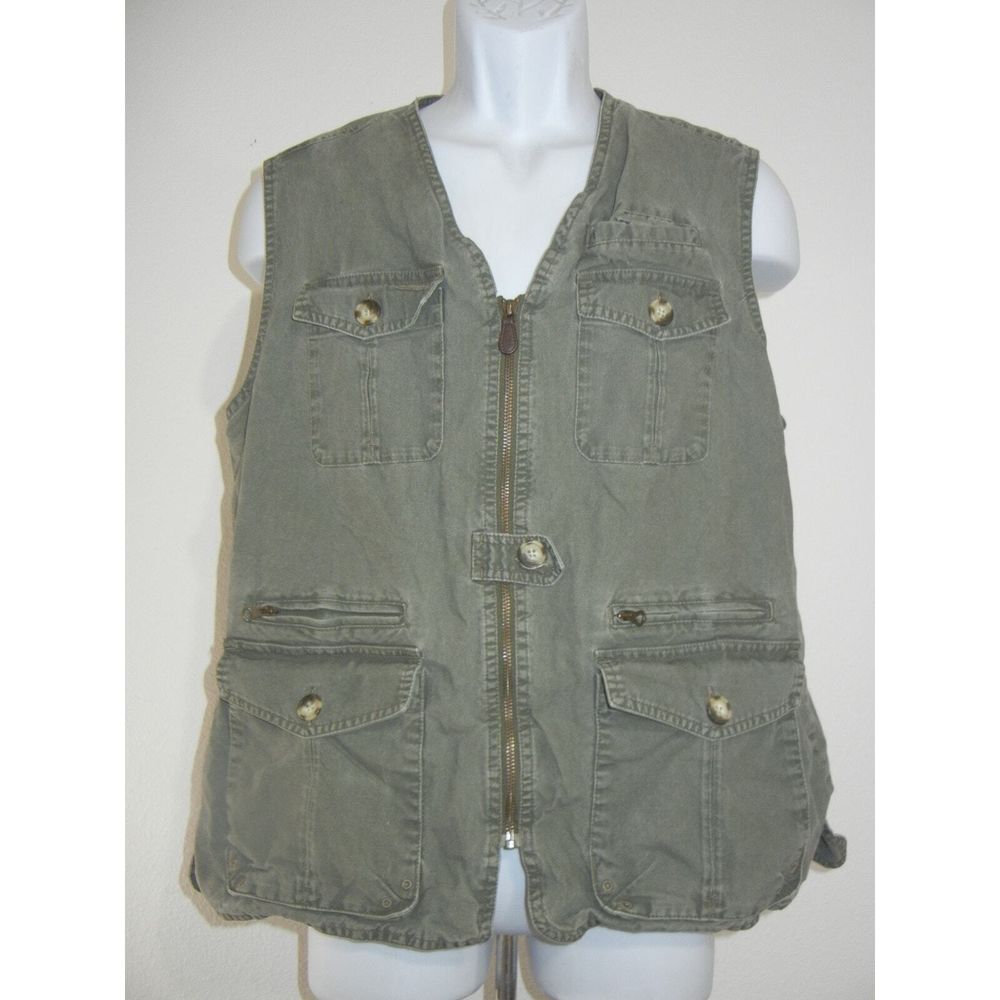LL Bean Vest Mens Large Beige Fly Fishing Hunting Safari Zip Up Ripstop Utility